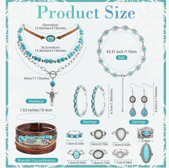 15 PCs Western Concho Belt Cowgirl Necklace, Dangle Earrings Rins Jewelry set - Picture 6 of 8